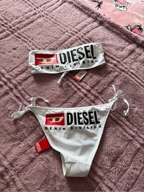 Diesel White Bikini Set with Black Logo and Red Accent
